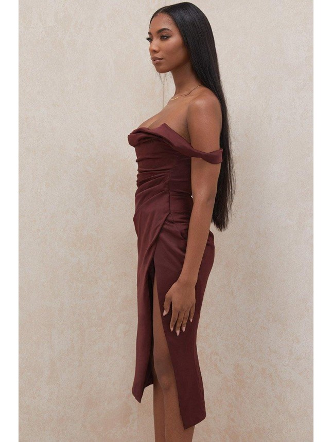 High Slit Off Shoulder Corset Ruched Midi Cocktail Party Dress – Burgundy