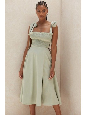 High Slit Tie Strap Smocked Panel Summer Midi Sundress – Sage Green