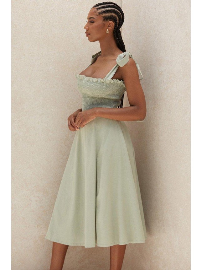 High Slit Tie Strap Smocked Panel Summer Midi Sundress – Sage Green