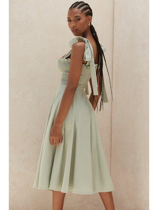 High Slit Tie Strap Smocked Panel Summer Midi Sundress – Sage Green