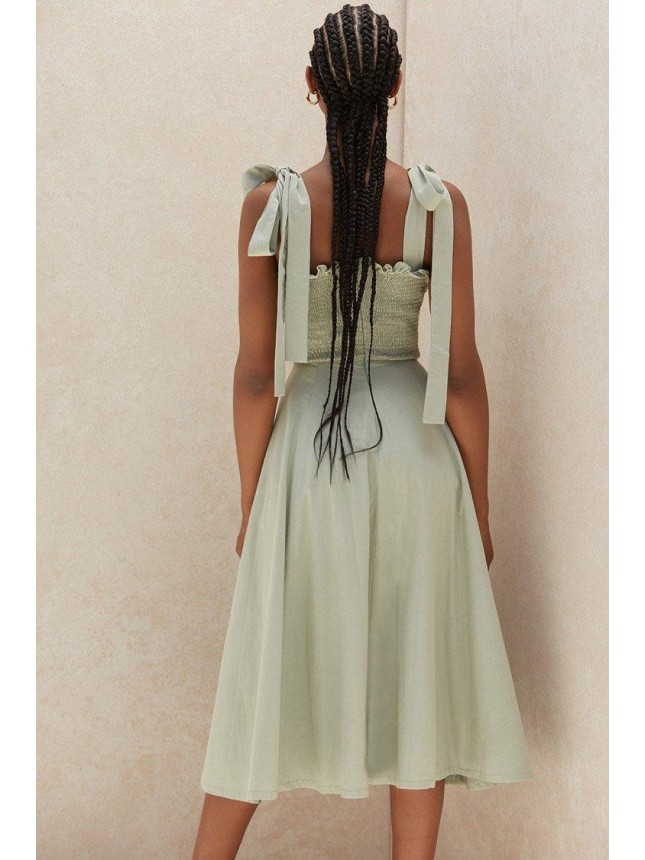 High Slit Tie Strap Smocked Panel Summer Midi Sundress – Sage Green