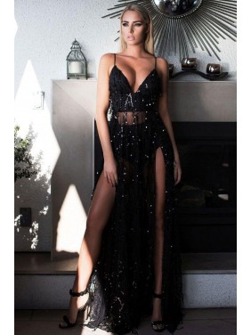 Glitter High Slit Deep Sheer Sequin Maxi Dress – Black
