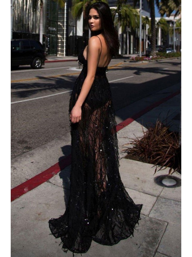 Glitter High Slit Deep Sheer Sequin Maxi Dress – Black