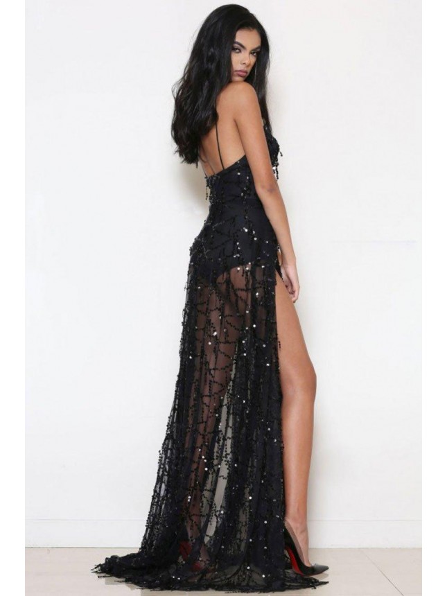 Glitter High Slit Deep Sheer Sequin Maxi Dress – Black