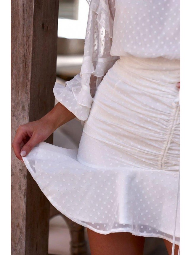 Swiss Dot Long Sleeve High Neck Chiffon Two Piece Dress – White