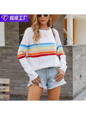 Stitching rainbow striped sweater fashion outfits