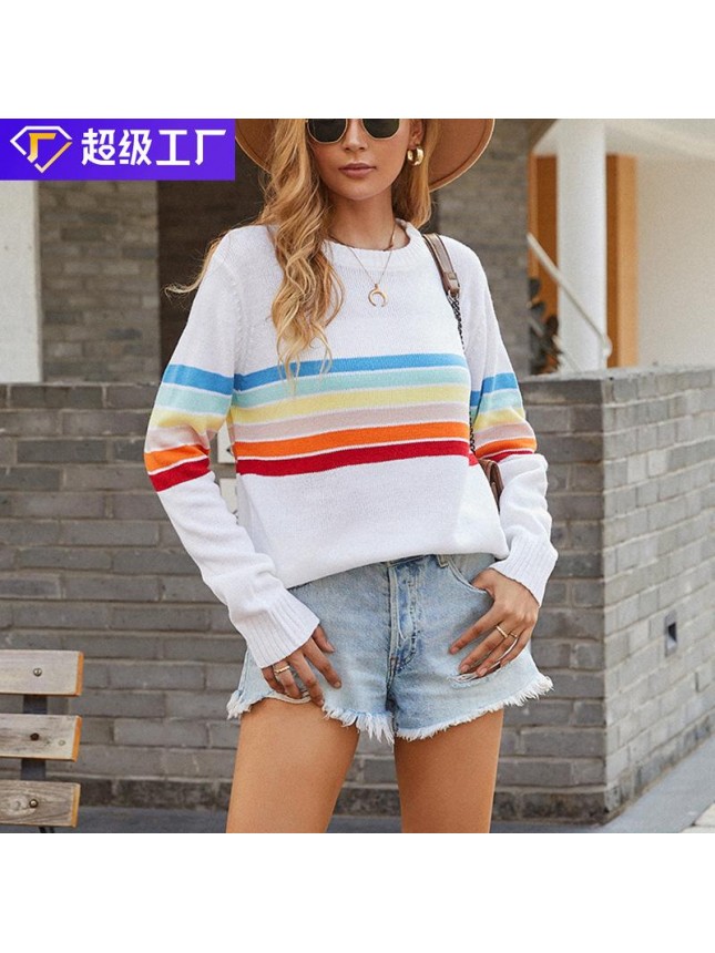 Stitching rainbow striped sweater fashion outfits