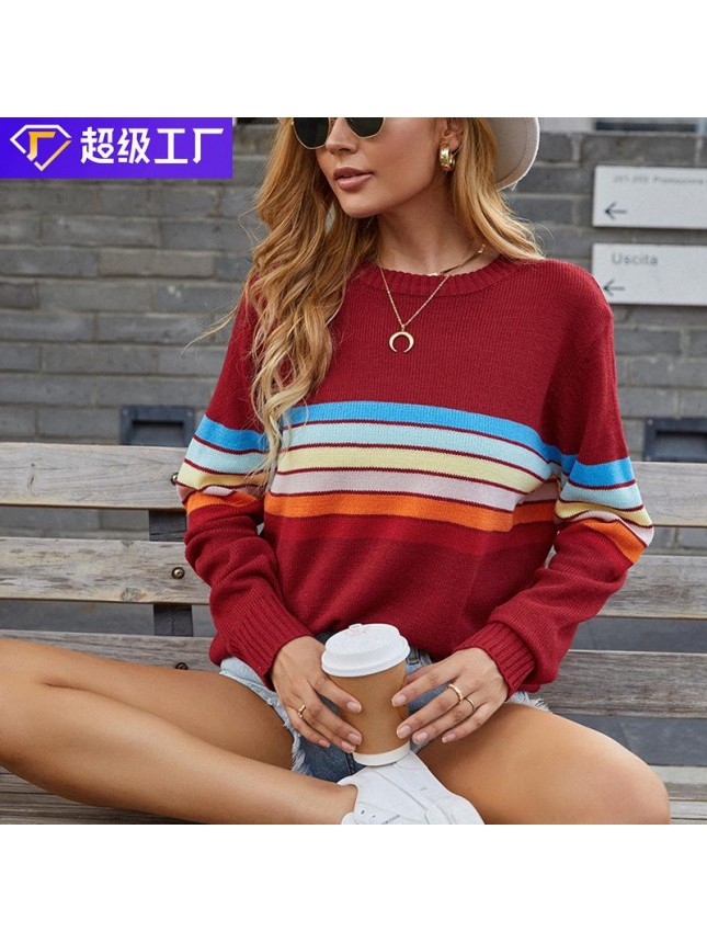 Stitching rainbow striped sweater fashion outfits