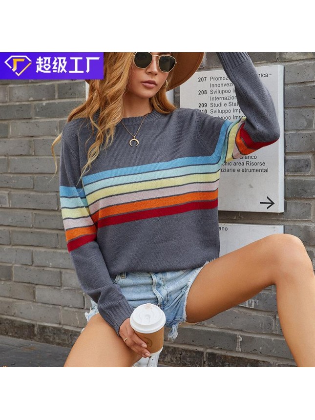 Stitching rainbow striped sweater fashion outfits