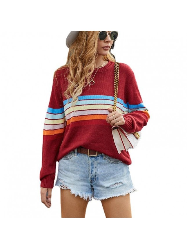 Stitching rainbow striped sweater fashion outfits