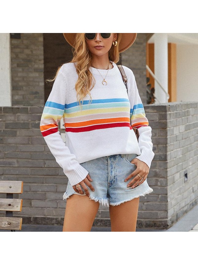 Stitching rainbow striped sweater fashion outfits