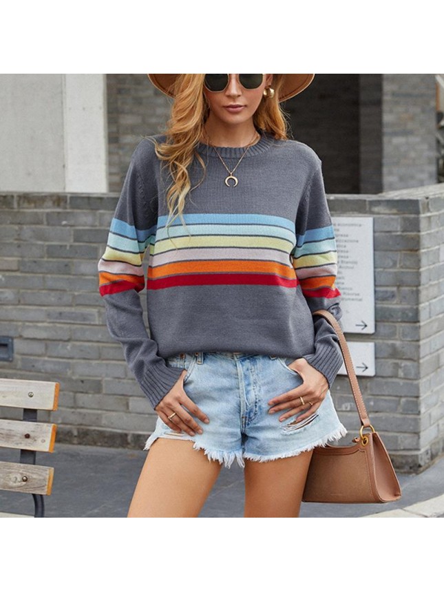 Stitching rainbow striped sweater fashion outfits