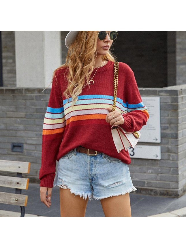 Stitching rainbow striped sweater fashion outfits