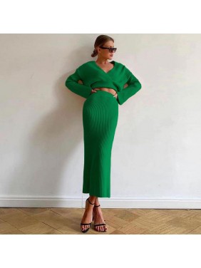 Solid knit sweater two piece long sleeve tight shirt skirt dress suit fashion outfits