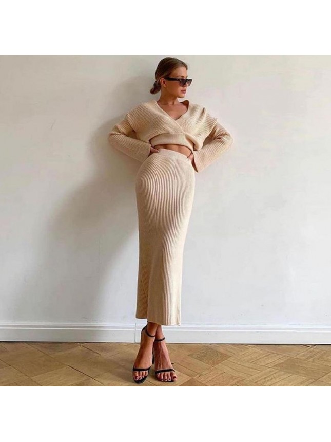 Solid knit sweater two piece long sleeve tight shirt skirt dress suit fashion outfits