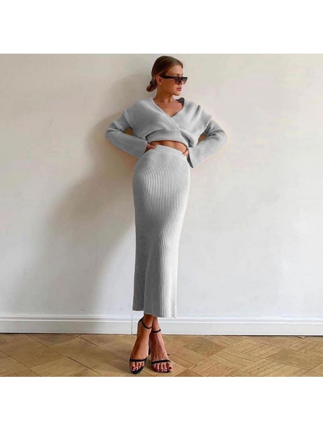 Solid knit sweater two piece long sleeve tight shirt skirt dress suit fashion outfits