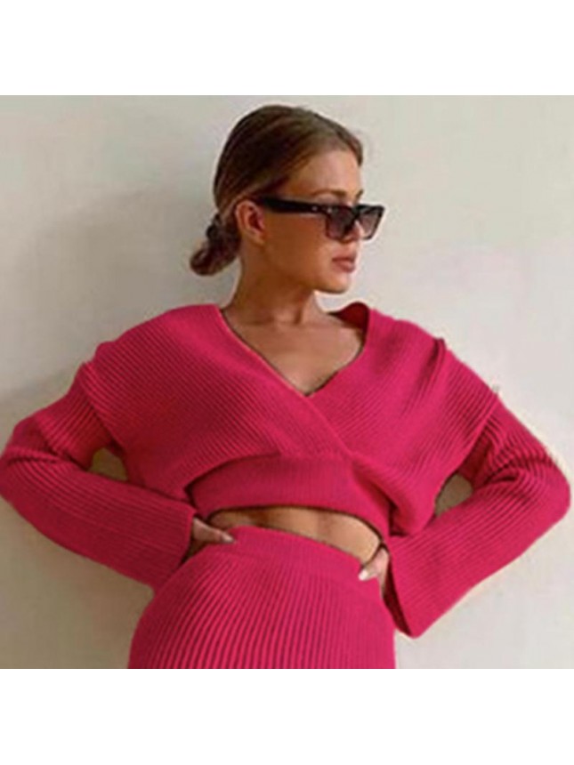 Solid knit sweater two piece long sleeve tight shirt skirt dress suit fashion outfits