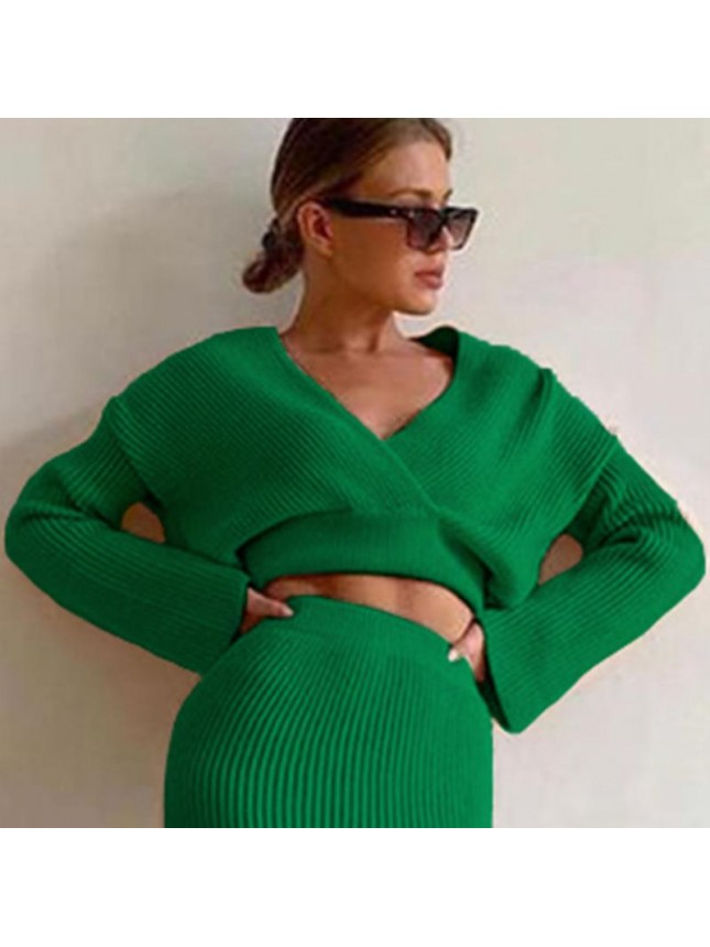 Solid knit sweater two piece long sleeve tight shirt skirt dress suit fashion outfits