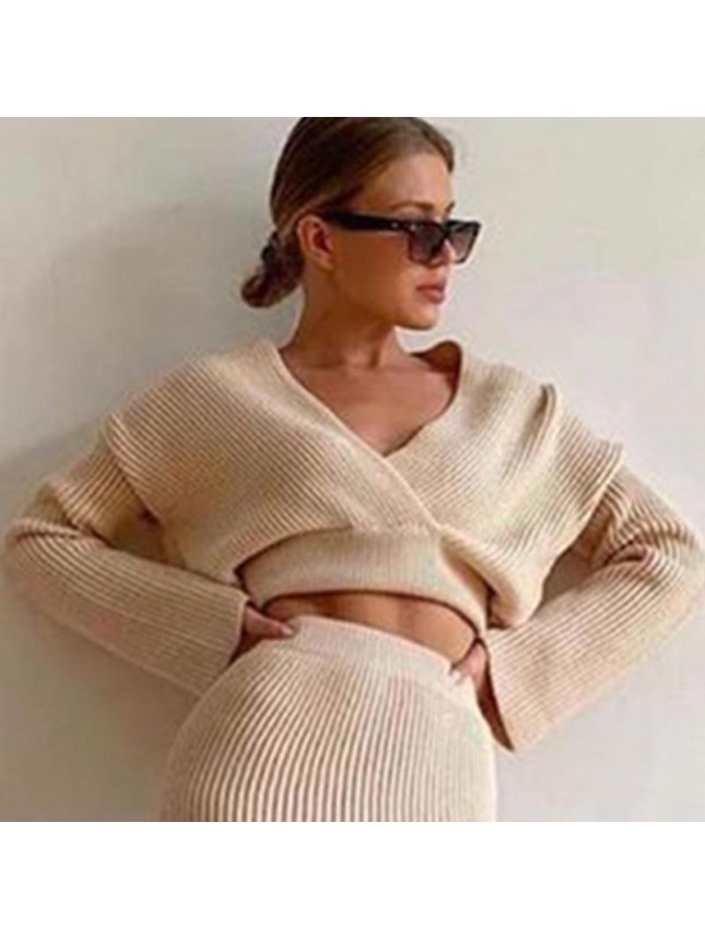 Solid knit sweater two piece long sleeve tight shirt skirt dress suit fashion outfits