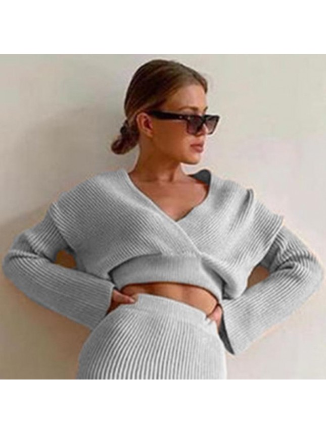 Solid knit sweater two piece long sleeve tight shirt skirt dress suit fashion outfits