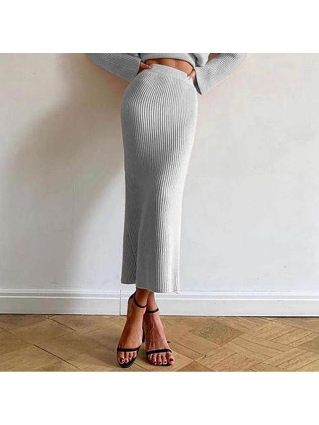Solid knit sweater two piece long sleeve tight shirt skirt dress suit fashion outfits