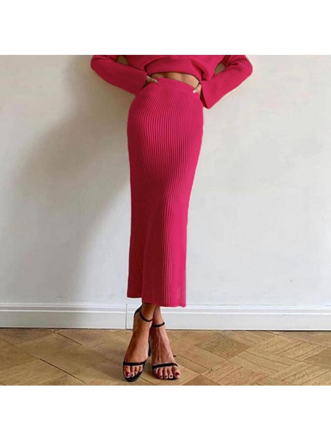 Solid knit sweater two piece long sleeve tight shirt skirt dress suit fashion outfits
