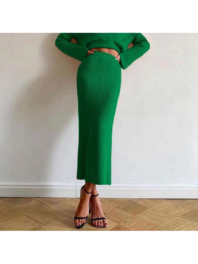 Solid knit sweater two piece long sleeve tight shirt skirt dress suit fashion outfits