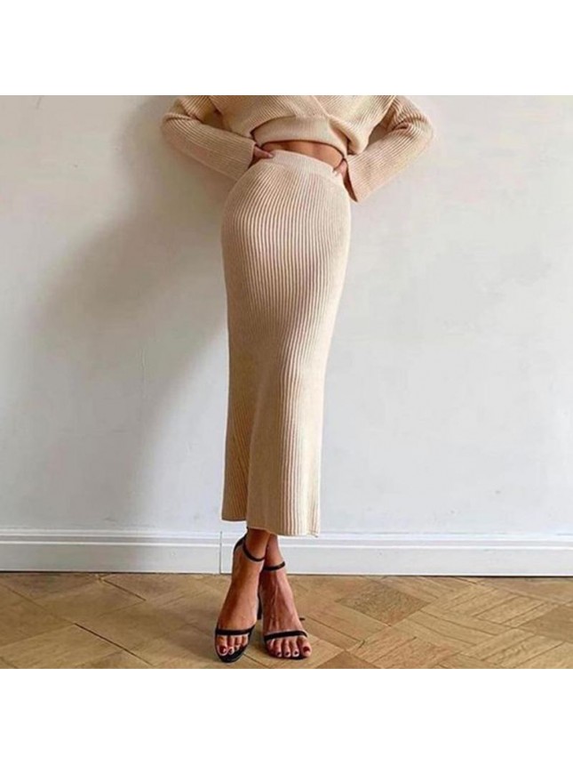 Solid knit sweater two piece long sleeve tight shirt skirt dress suit fashion outfits
