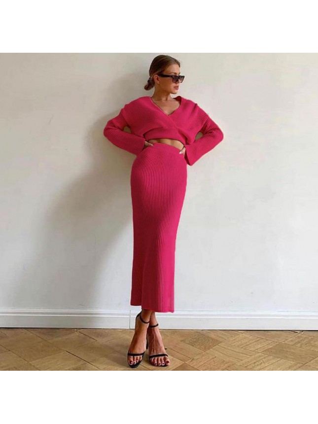 Solid knit sweater two piece long sleeve tight shirt skirt dress suit fashion outfits