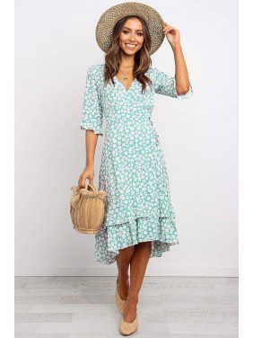 Flutter Half Sleeve Floral High Low Wrap Dress – Teal