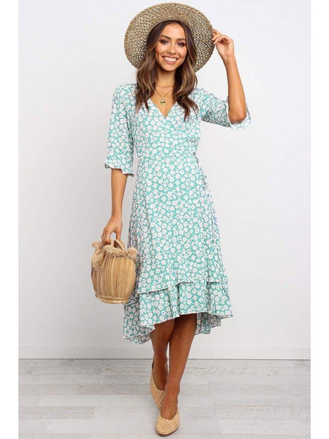 Flutter Half Sleeve Floral High Low Wrap Dress – Teal