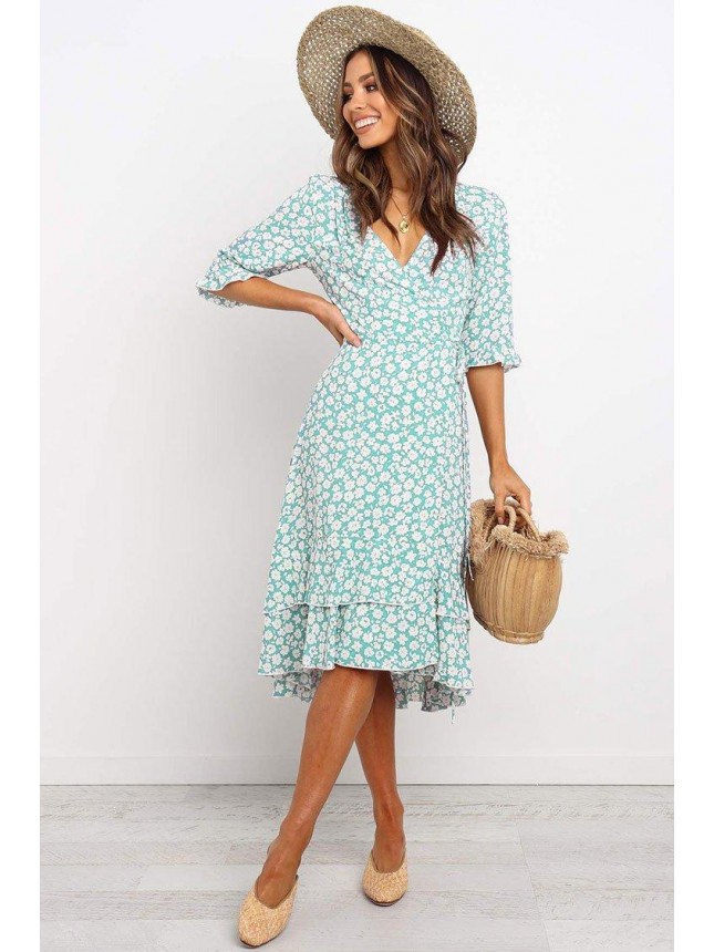 Flutter Half Sleeve Floral High Low Wrap Dress – Teal