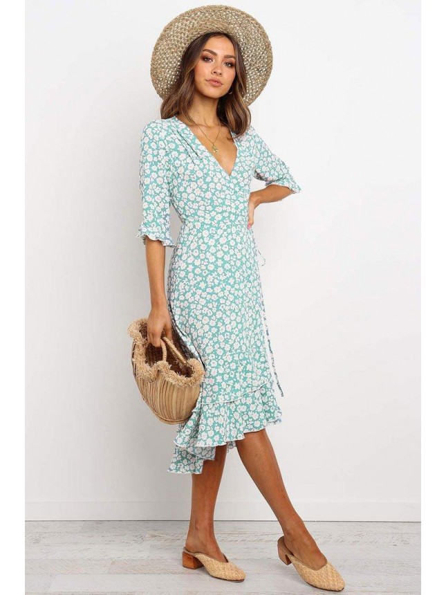 Flutter Half Sleeve Floral High Low Wrap Dress – Teal