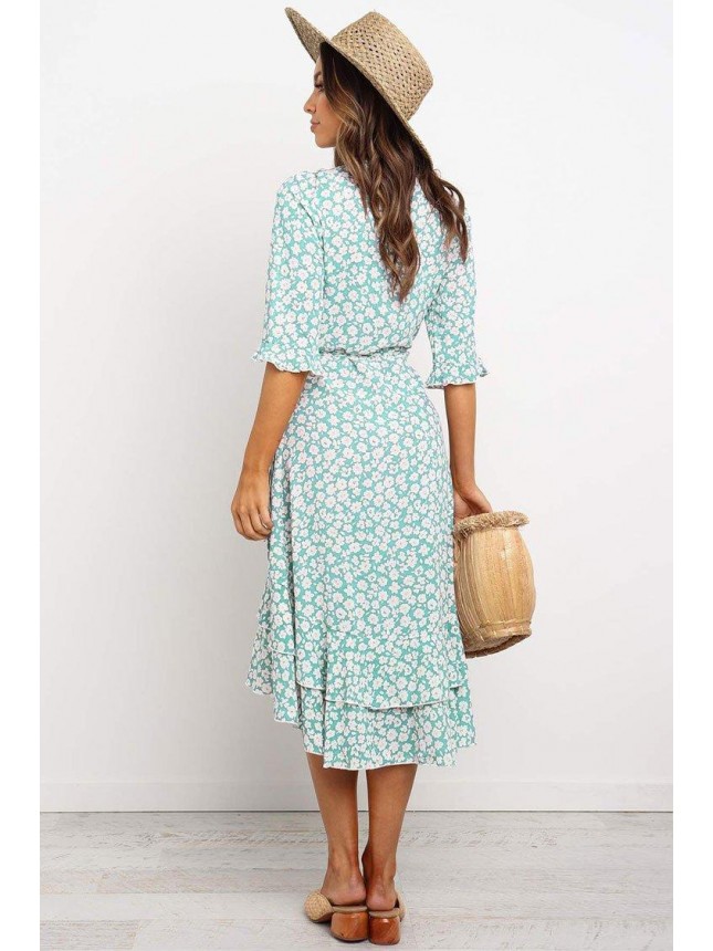 Flutter Half Sleeve Floral High Low Wrap Dress – Teal