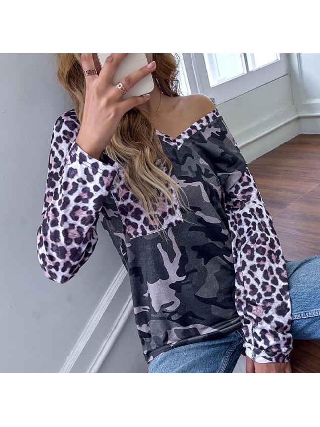 Top Camouflage Print Length Sleeve T Shirt